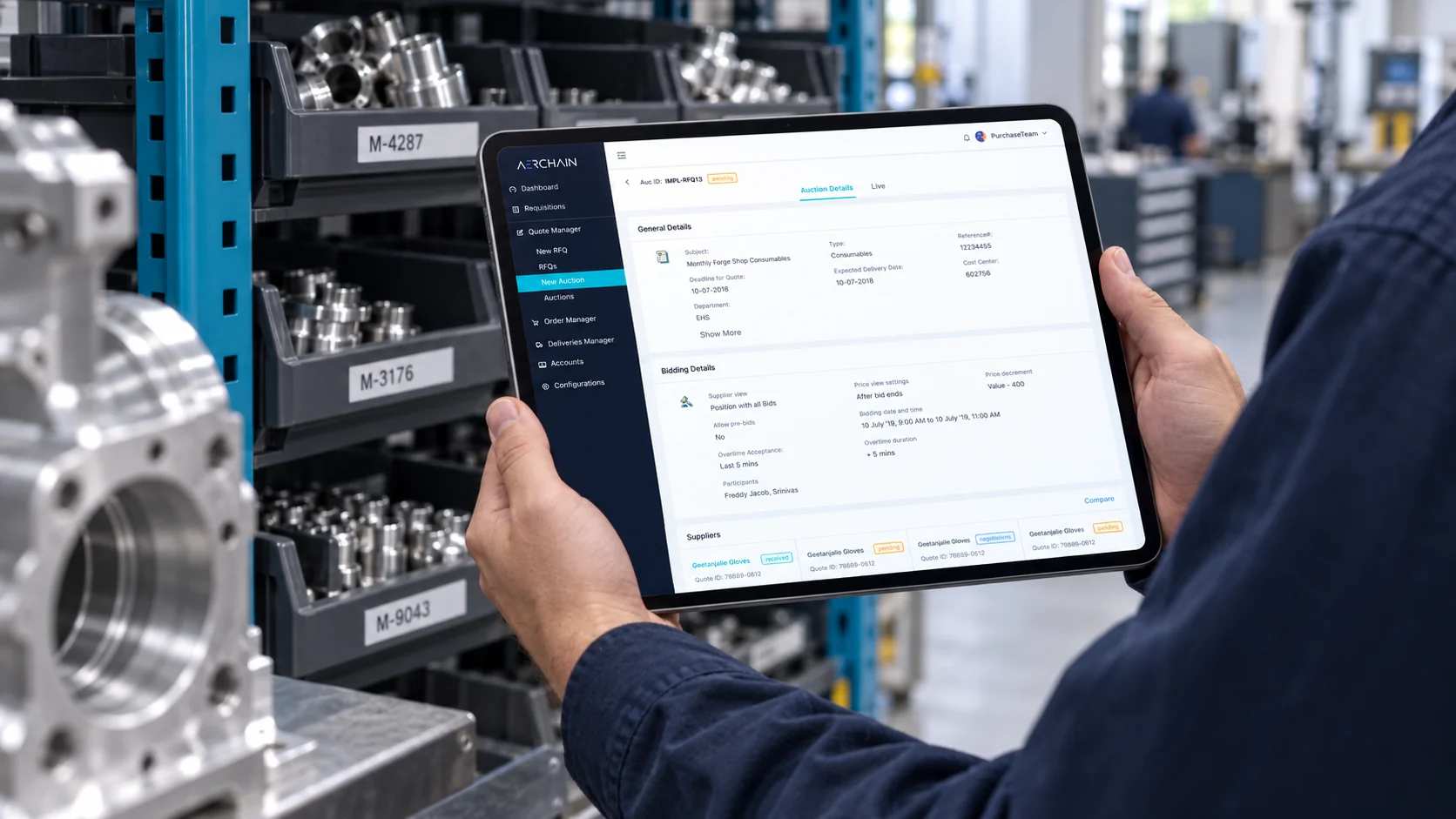 Aerchain auction workflow presented on an iPad beside industrial parts racks.