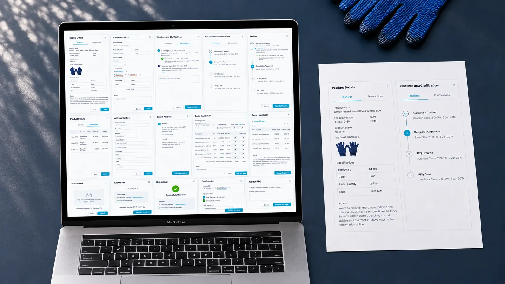 Aerchain product and negotiation workflows on a MacBook beside a printed workflow sheet and industrial gloves.