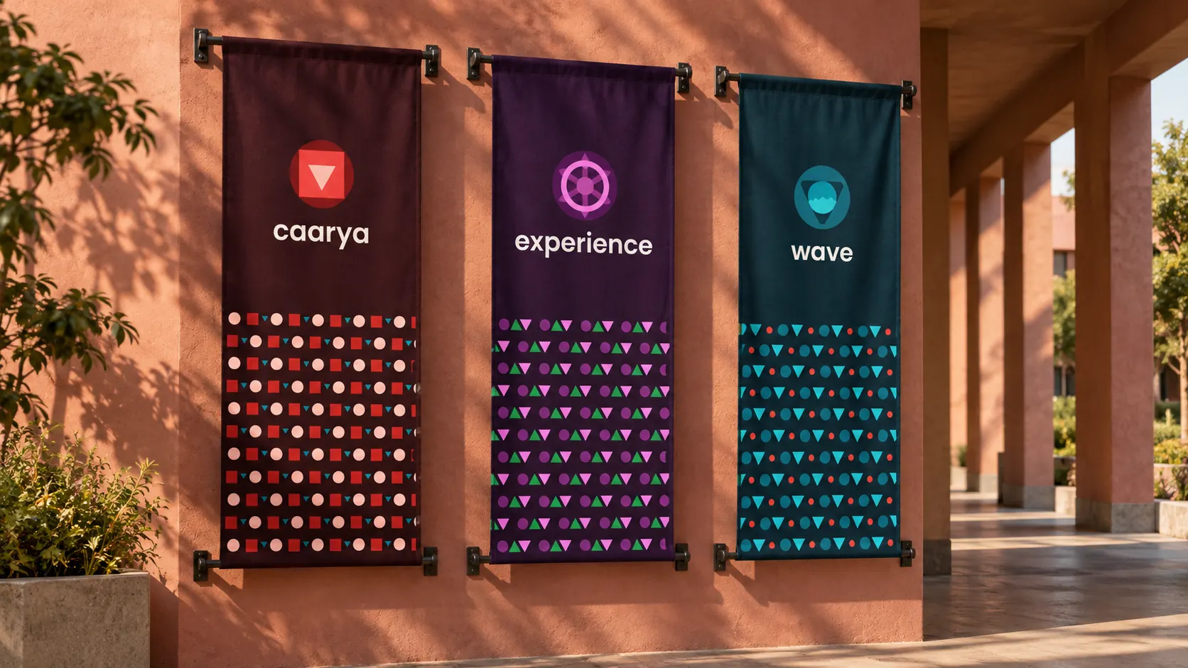 Caarya, Experience and Wave identities applied to physical campus banners against terracotta architecture.