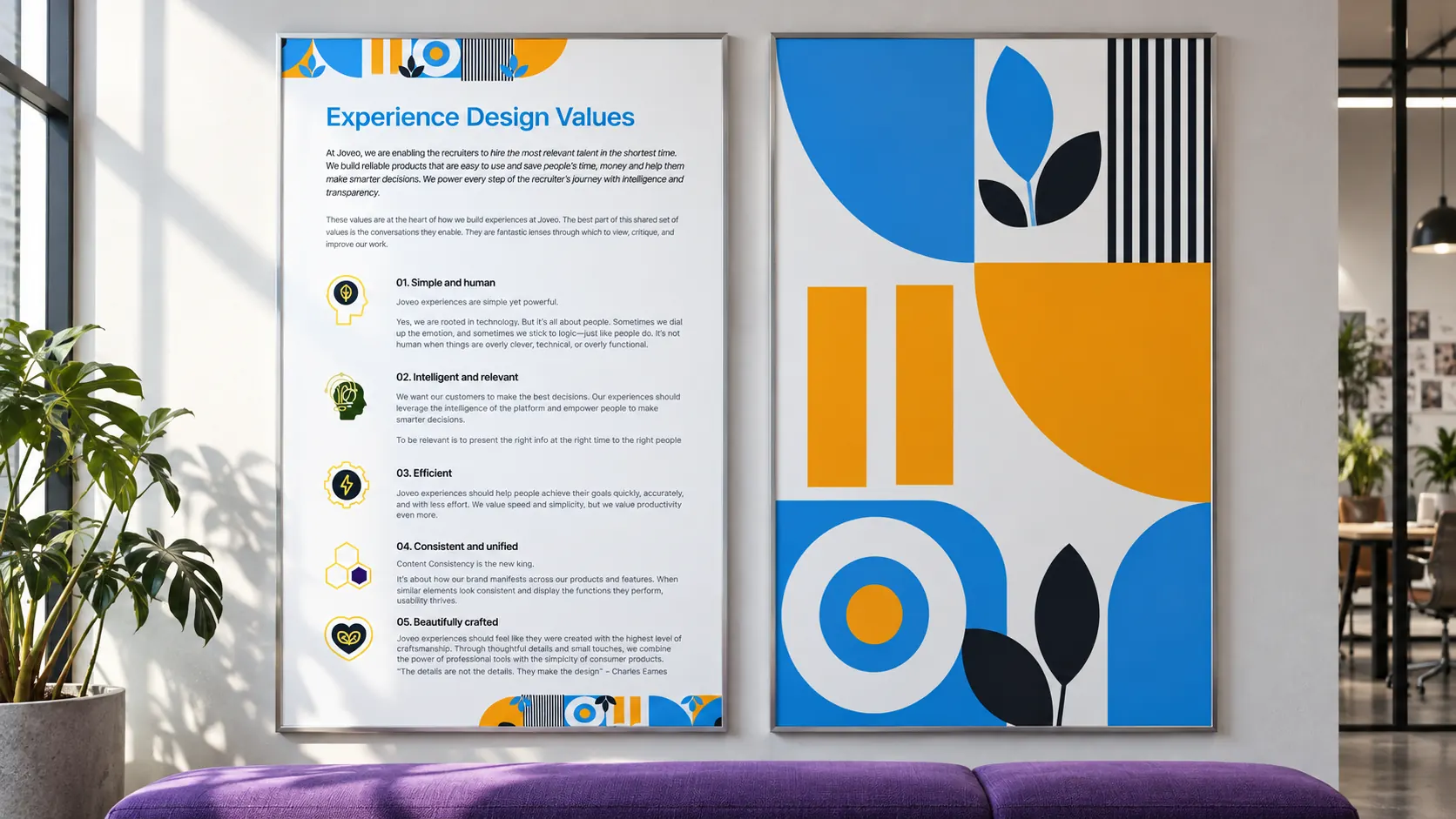 Joveo experience design values and geometric artwork presented as framed studio posters.